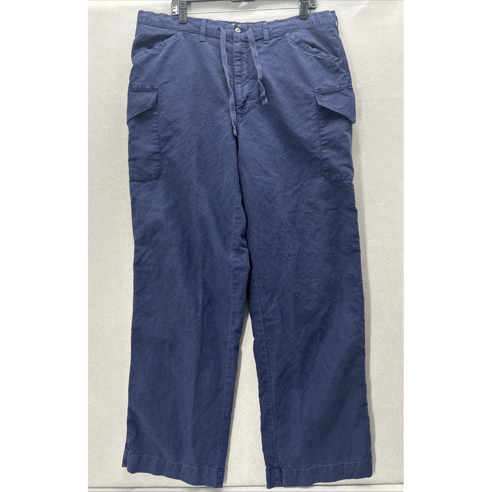 Vintage Polo Ralph Lauren Cargo Pants Men XL Blue Linen Blend Drawstring Relaxed